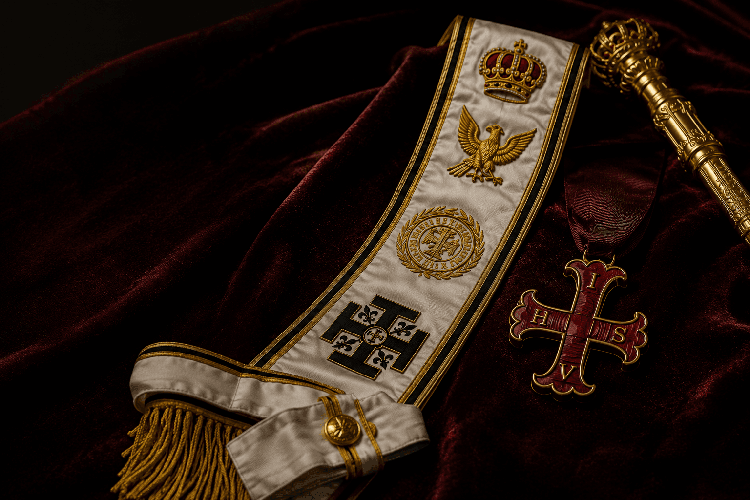 Ceremonial Red Cross of Constantine regalia arranged on dark heritage materials.